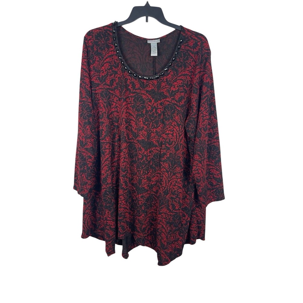Catherines Womens 4X 30/32W Tunic Top Red Black Floral Beaded Sharkbite Plus